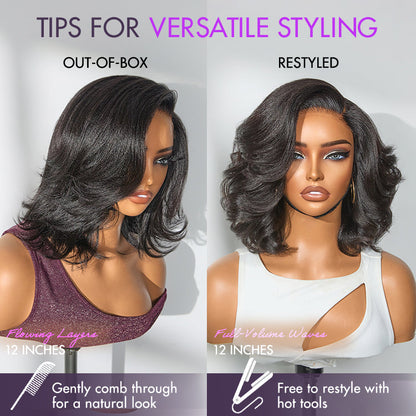 Natural Look Yaki Texture Layered Bangs Bob Wig Glueless Minimalist HD Lace Human Hair Wig Pre-Cut Lace