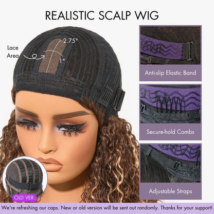 Put On and Go Brown Highlight Yaki Bob with Bangs Glueless Minimalist Lace Wig Breathable Cap