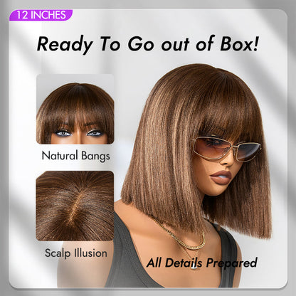Ash Blonde Highlights with Dark Brown Base Yaki Blunt Cut Bob Wig with Bangs Glueless Minimalist Lace Short Wig