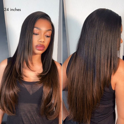Luvme All-Day Comfort™ Wig 180% Density Ombre Brown Butterfly Cut Layered Light Yaki Straight Glueless 7x6 Closure HD Lace Human Hair Wig Pre-Cut Lace