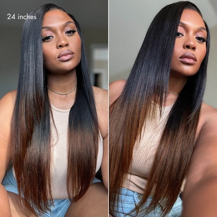 Luvme All-Day Comfort™ Wig 180% Density Ombre Brown Butterfly Cut Layered Light Yaki Straight Glueless 7x6 Closure HD Lace Human Hair Wig Pre-Cut Lace