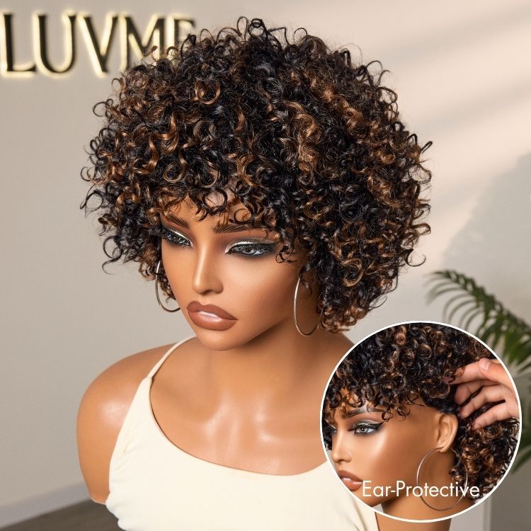Throw On & Go Brown Highlight Short Curly with Bangs Wig Ultra Comfort Skin-Like Soft Care Glueless Hair Loss Friendly Wig
