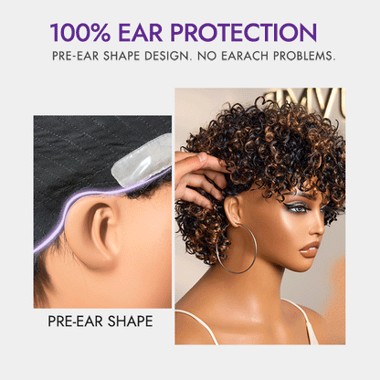 Throw On & Go Brown Highlight Short Curly with Bangs Wig Ultra Comfort Skin-Like Soft Care Glueless Hair Loss Friendly Wig
