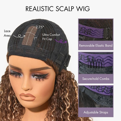 Put On and Go Blonde Highlight Yaki Straight Blunt Cut Bob Glueless Minimalist Lace Short Wig with Bangs