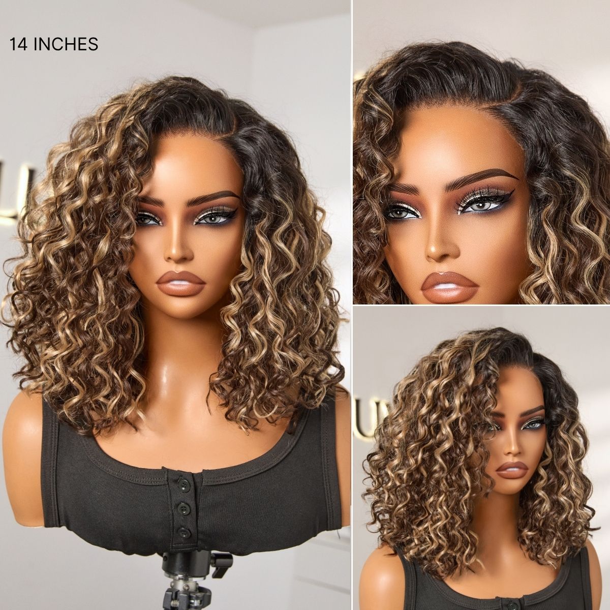 Ready to Go Blonde Highlight / Natural Black / Ombre Brown Water Wave Short Curly Bob Wig Glueless Minimalist HD Lace Wig Pre-Cut Lace