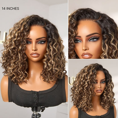 Ready to Go Blonde Highlight / Natural Black / Ombre Brown Water Wave Short Curly Bob Wig Glueless Minimalist HD Lace Wig Pre-Cut Lace