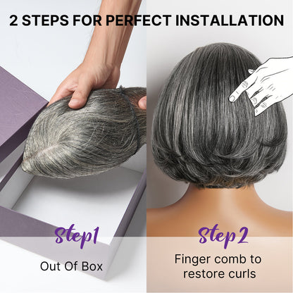 Salt & Pepper 100% Human Hair Layered Bob Wig Glueless Minimalist Lace Grey Wig Pre-Cut Lace