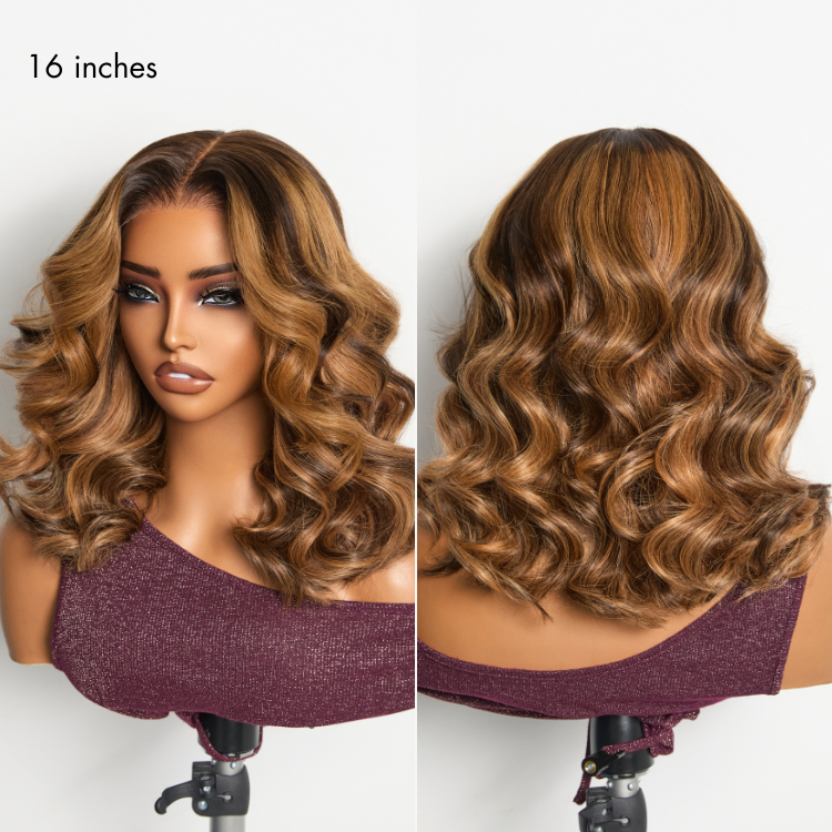 Sun-Kissed Warm Tone Brown with Blonde Highlights 180% Density Loose Wave Glueless 5x5 Closure Lace Wig Pre-Cut Lace