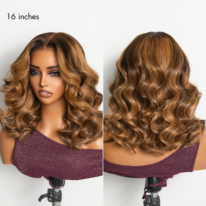 Sun-Kissed Warm Tone Brown with Blonde Highlights 180% Density Loose Wave Glueless 5x5 Closure Lace Wig Pre-Cut Lace