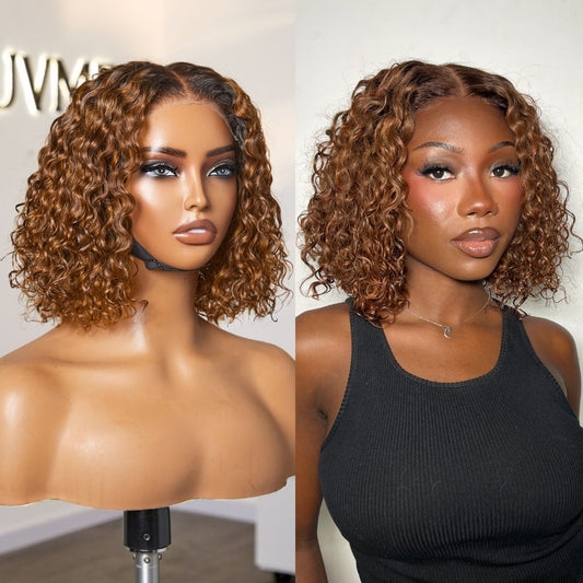 Warm Caramel Brown / Natural Black / Blonde Highlight Deep Curly Glueless 5x5 Closure Pre-Cut Lace Wig