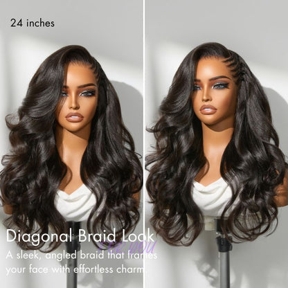 Readitress™ Side Braided Yaki Body Wave Glueless Ear-to-ear 13x6 Frontal HD Lace Wig Human Hair Flexi-Fit Drawstring Cap