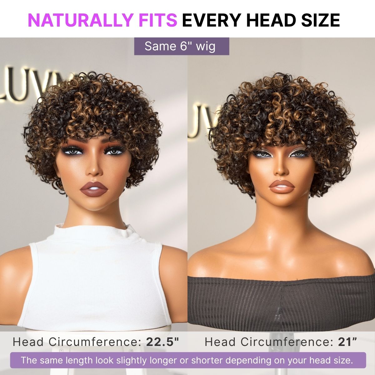 Throw On & Go Brown Highlight Short Curly with Bangs Wig Ultra Comfort Skin-Like Soft Care Glueless Hair Loss Friendly Wig