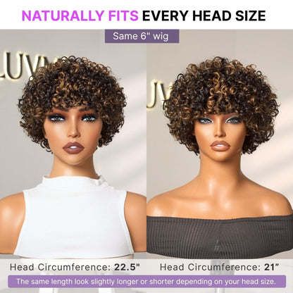 Throw On & Go Brown Highlight Short Curly with Bangs Wig Ultra Comfort Skin-Like Soft Care Glueless Hair Loss Friendly Wig
