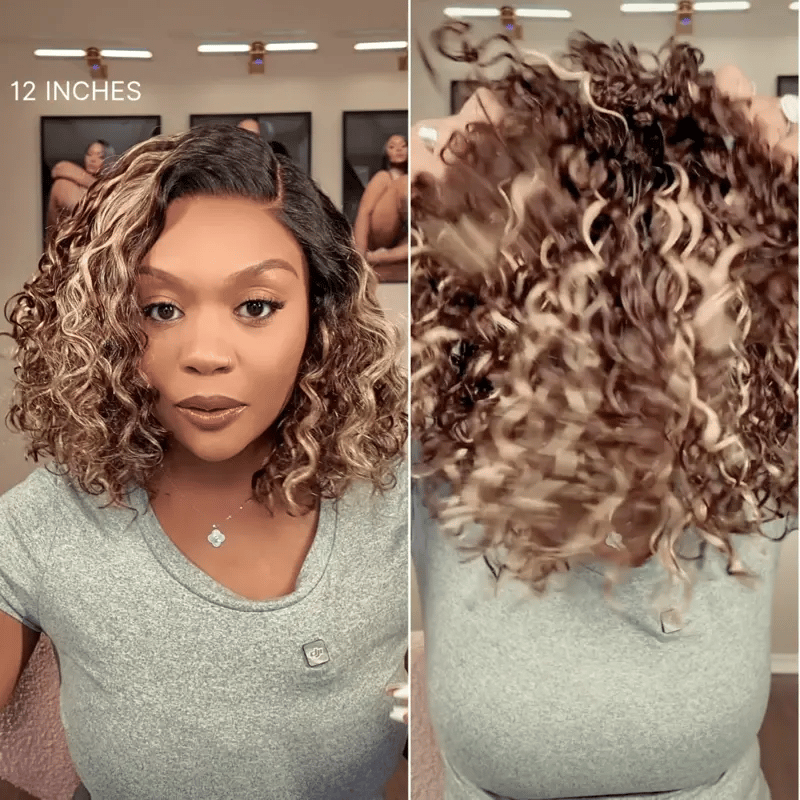 Ready to Go Blonde Highlight / Natural Black / Ombre Brown Water Wave Short Curly Bob Wig Glueless Minimalist HD Lace Wig Pre-Cut Lace