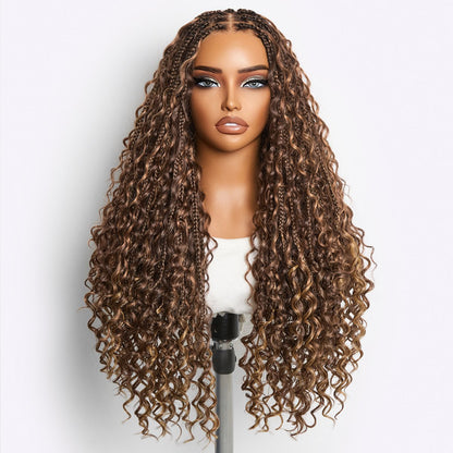 Readitress™ Mix Blonde / Natural Black Light Weight Flexi-Fit Invisi Drawstring Cap HD Full Lace Knotless Boho Curls Braided Long Wig Super Natural Scalp - US Only