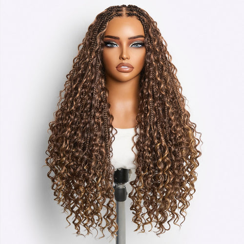 Readitress™ Mix Blonde / Natural Black Light Weight Flexi-Fit Invisi Drawstring Cap HD Full Lace Knotless Boho Curls Braided Long Wig Super Natural Scalp - US Only
