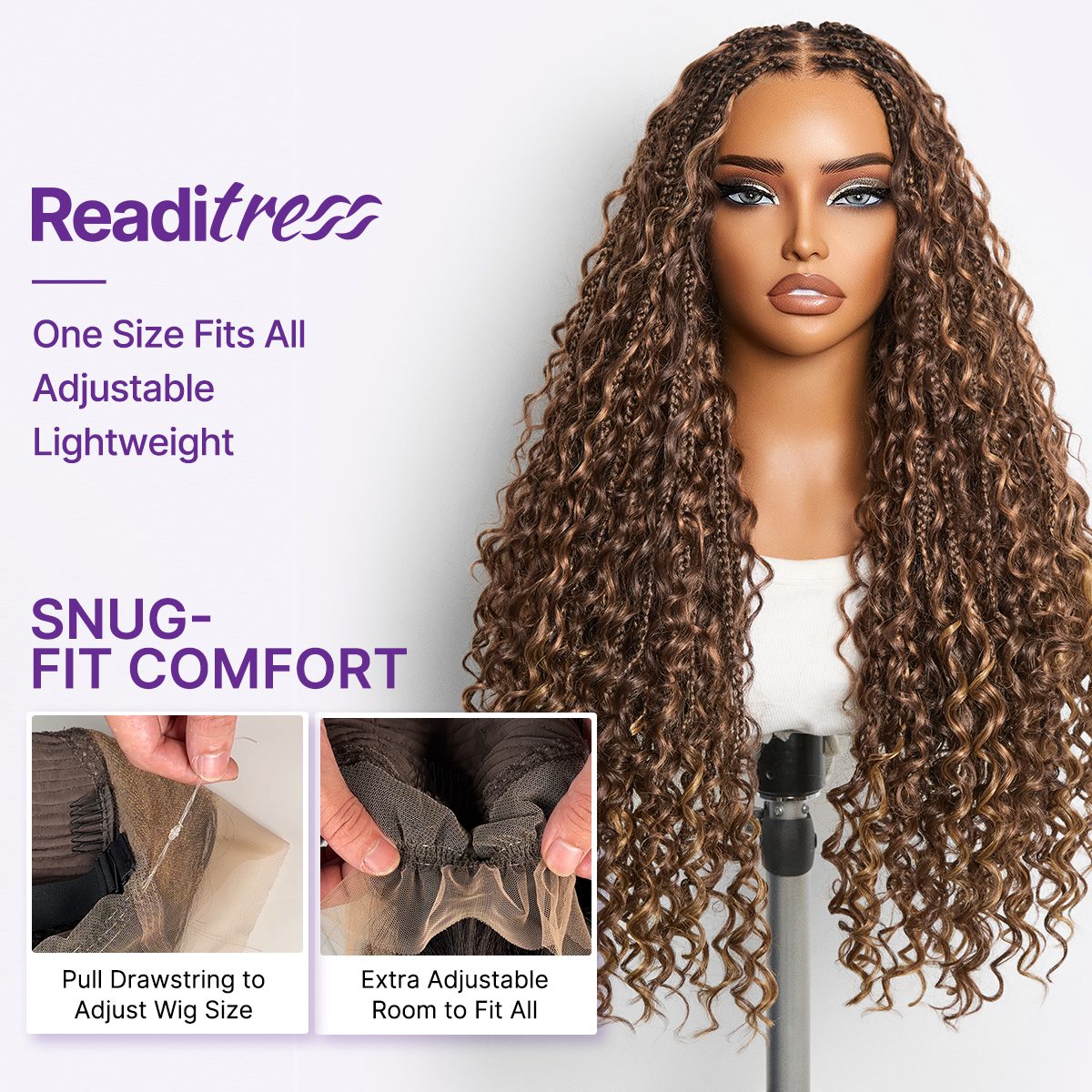 Readitress™ Mix Blonde / Natural Black Light Weight Flexi-Fit Invisi Drawstring Cap HD Full Lace Knotless Boho Curls Braided Long Wig Super Natural Scalp - US Only