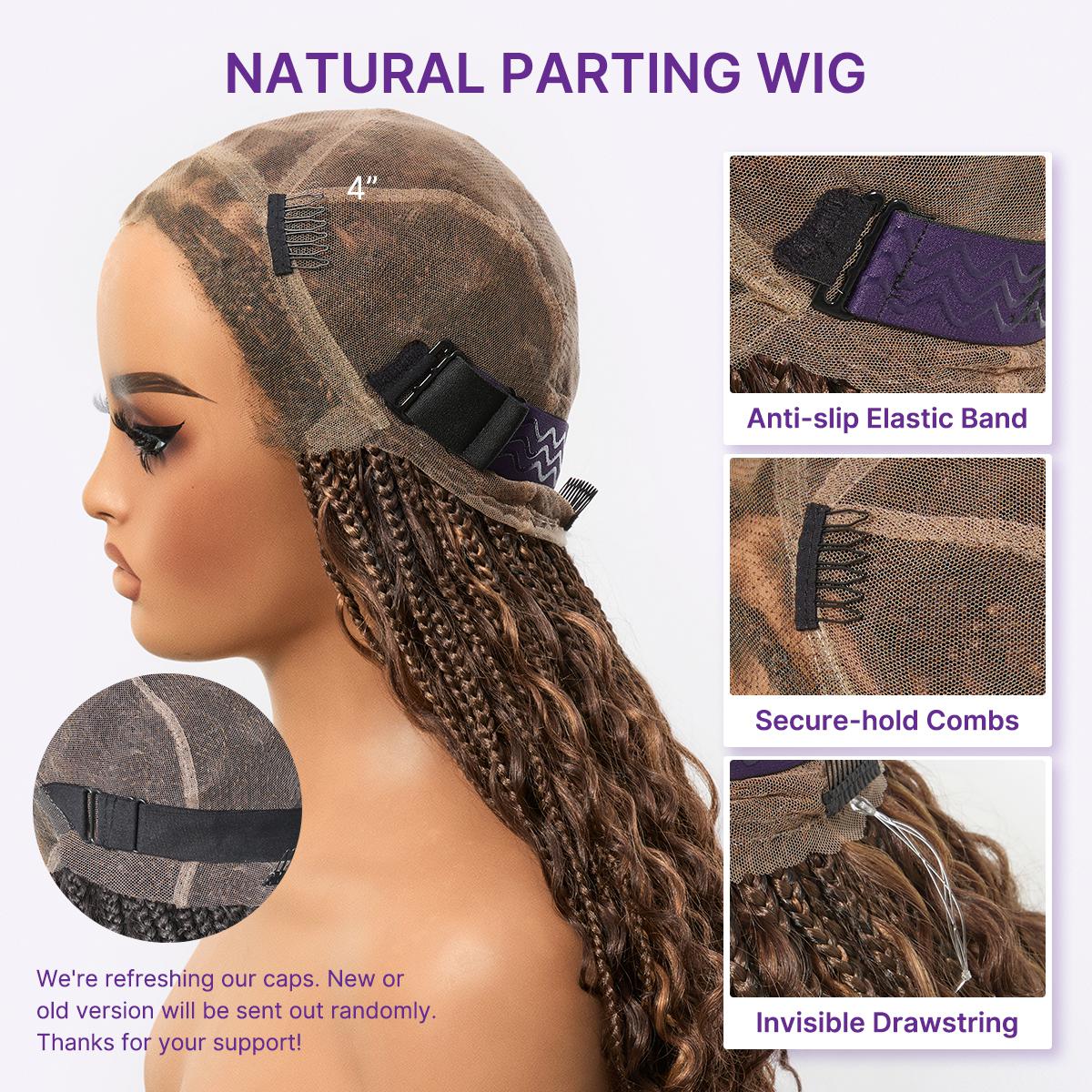 Readitress™ Mix Blonde / Natural Black Light Weight Flexi-Fit Invisi Drawstring Cap HD Full Lace Knotless Boho Curls Braided Long Wig Super Natural Scalp - US Only