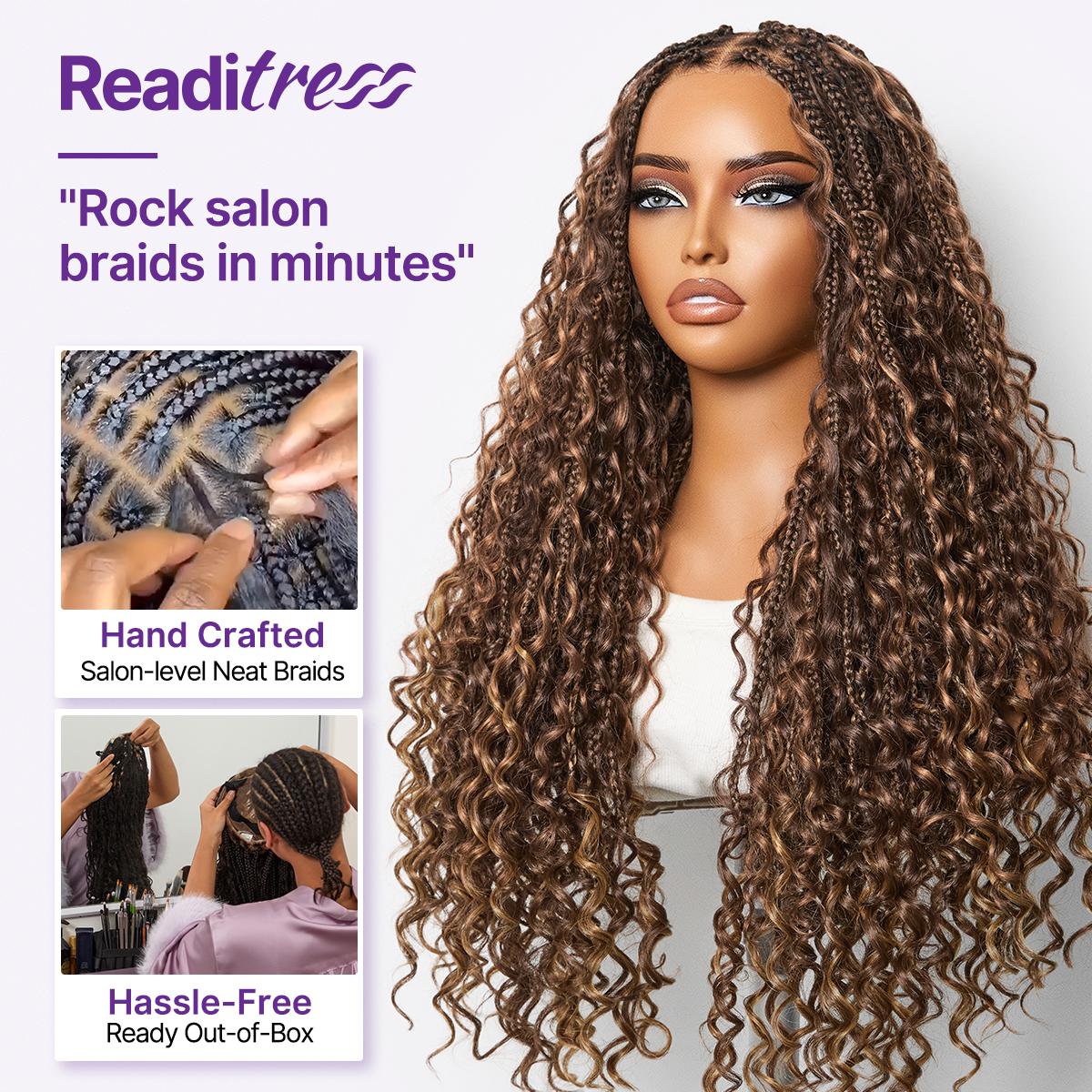 Readitress™ Mix Blonde / Natural Black Light Weight Flexi-Fit Invisi Drawstring Cap HD Full Lace Knotless Boho Curls Braided Long Wig Super Natural Scalp - US Only