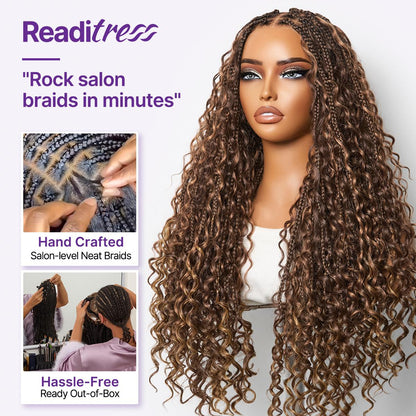 Readitress™ Mix Blonde / Natural Black Light Weight Flexi-Fit Invisi Drawstring Cap HD Full Lace Knotless Boho Curls Braided Long Wig Super Natural Scalp - US Only