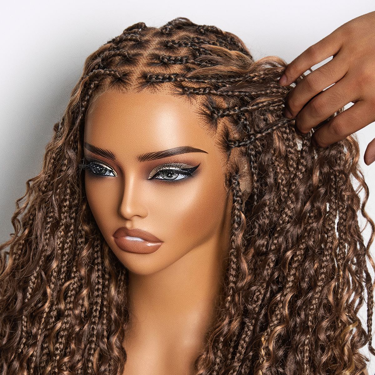 Readitress™ Mix Blonde / Natural Black Light Weight Flexi-Fit Invisi Drawstring Cap HD Full Lace Knotless Boho Curls Braided Long Wig Super Natural Scalp - US Only
