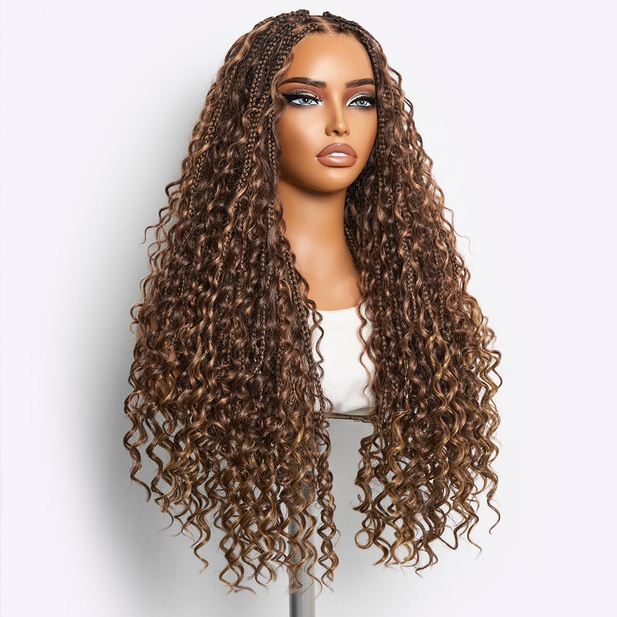Readitress™ Mix Blonde / Natural Black Light Weight Flexi-Fit Invisi Drawstring Cap HD Full Lace Knotless Boho Curls Braided Long Wig Super Natural Scalp - US Only