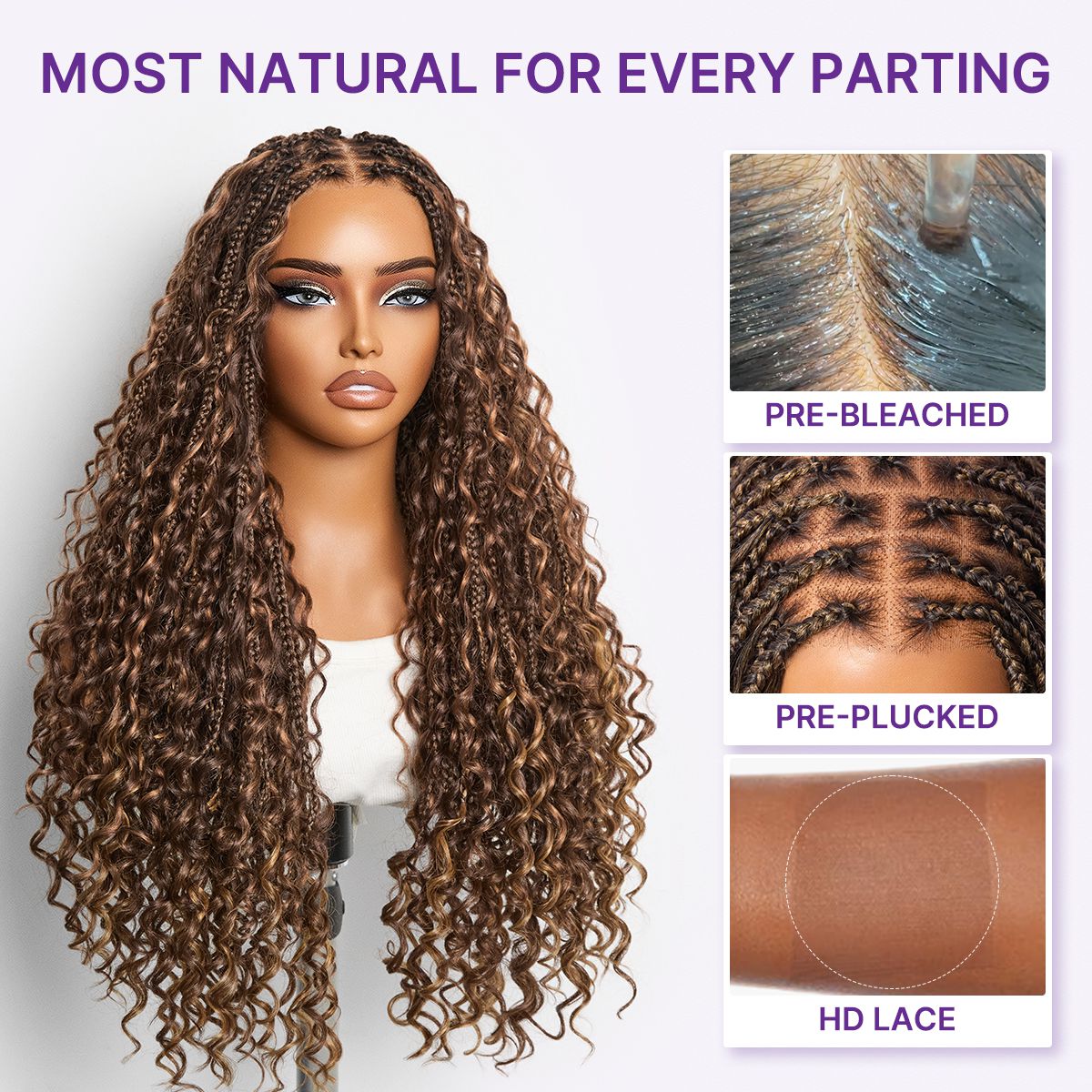 Readitress™ Mix Blonde / Natural Black Light Weight Flexi-Fit Invisi Drawstring Cap HD Full Lace Knotless Boho Curls Braided Long Wig Super Natural Scalp - US Only