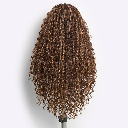 Readitress™ Mix Blonde / Natural Black Light Weight Flexi-Fit Invisi Drawstring Cap HD Full Lace Knotless Boho Curls Braided Long Wig Super Natural Scalp - US Only