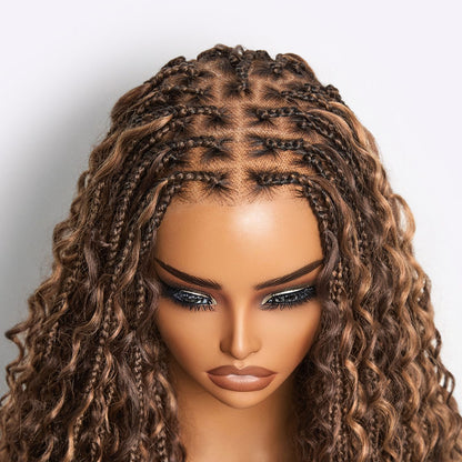 Readitress™ Mix Blonde / Natural Black Light Weight Flexi-Fit Invisi Drawstring Cap HD Full Lace Knotless Boho Curls Braided Long Wig Super Natural Scalp - US Only