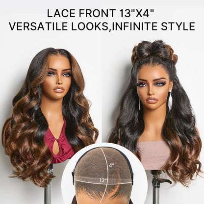NatureMAX™ 200% Density Glueless 13x4 HD Lace Front Wig Ombre Brown Loose Wave Human Hair Wig Pre-Cut Lace Flexi-Fit Drawstring Cap