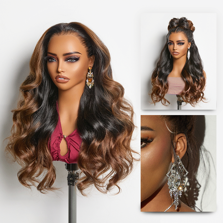 NatureMAX™ 200% Density Ombre Brown / Natural Black Loose Wave Glueless 13x6 / 13x4 HD Lace Front Wig Human Hair Pre-Cut Lace Flexi-Fit Drawstring Cap