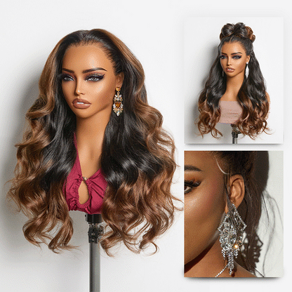 NatureMAX™ 200% Density Ombre Brown / Natural Black Loose Wave Glueless 13x6 / 13x4 HD Lace Front Wig Human Hair Pre-Cut Lace Flexi-Fit Drawstring Cap