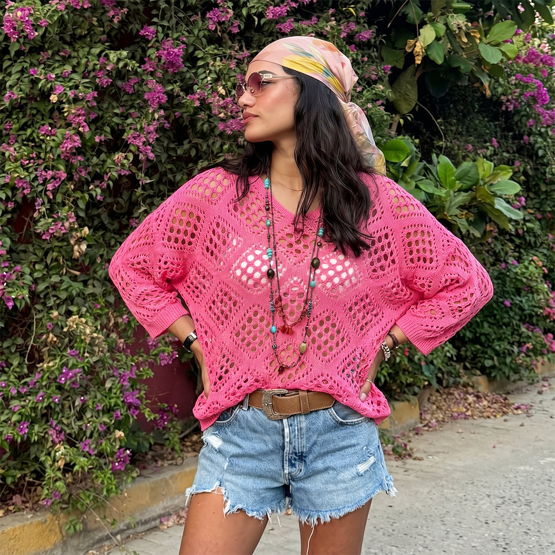 Inspired Beige Crochet Top with V-Neck