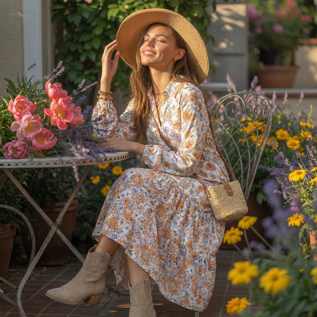 Bohemian Floral Puff Sleeve V-Neck Dress