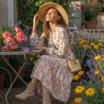 Bohemian Floral Puff Sleeve V-Neck Dress