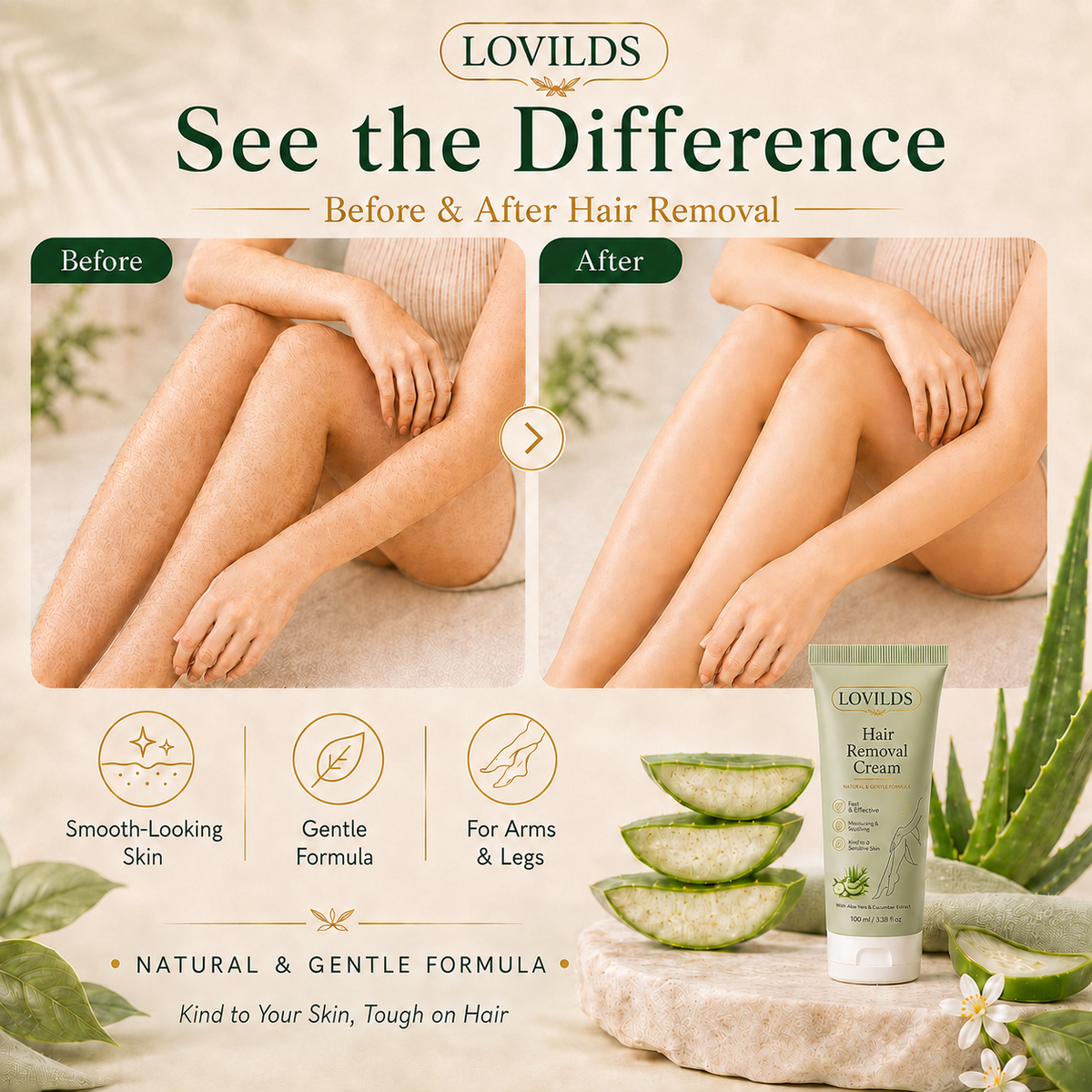 LOVILDS™ Natural Gentle Hair Removal Cream | For Women & Men, Sensitive Skin