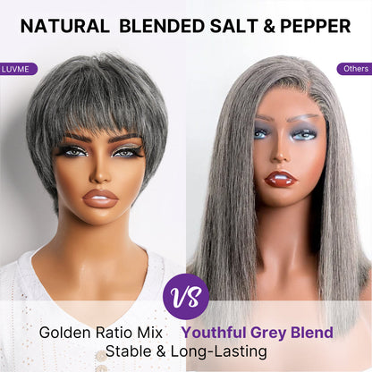 Salt & Pepper 100% Human Hair Short Pixie Cut Glueless Wig with Bangs Ultra Comfort Skin-Like Soft Care Hair Loss Friendly