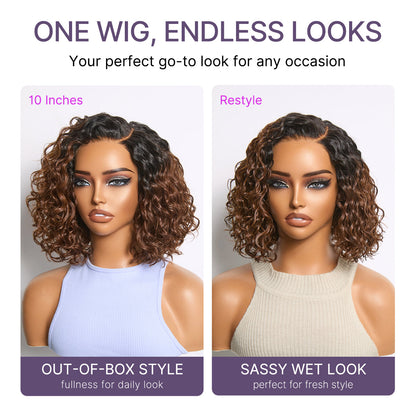 Ready to Go Ombre Brown Water Wave Short Curly Bob Wig Glueless Minimalist HD Lace Wig Pre-Cut Lace
