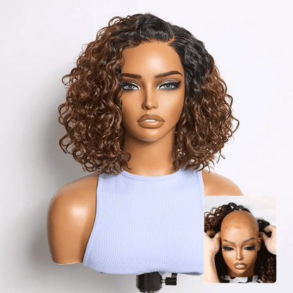 Ready to Go Blonde Highlight / Natural Black / Ombre Brown Water Wave Short Curly Bob Wig Glueless Minimalist HD Lace Wig Pre-Cut Lace