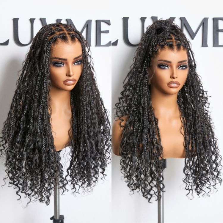 Readitress™ Mix Blonde / Natural Black Light Weight Flexi-Fit Invisi Drawstring Cap HD Full Lace Knotless Boho Curls Braided Long Wig Super Natural Scalp - US Only
