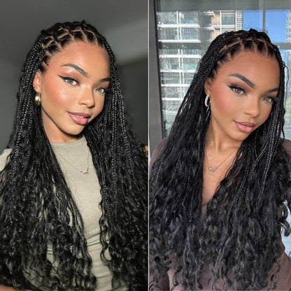 Readitress™ Mix Blonde / Natural Black Light Weight Flexi-Fit Invisi Drawstring Cap HD Full Lace Knotless Boho Curls Braided Long Wig Super Natural Scalp - US Only