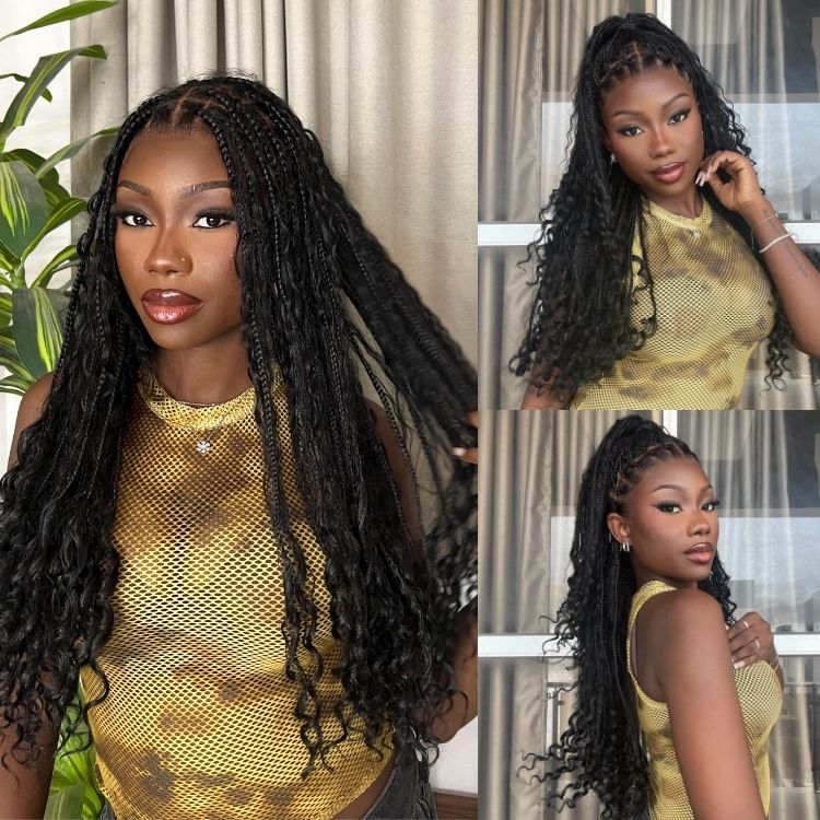Readitress™ Mix Blonde / Natural Black Light Weight Flexi-Fit Invisi Drawstring Cap HD Full Lace Knotless Boho Curls Braided Long Wig Super Natural Scalp - US Only