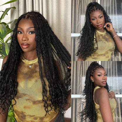 Readitress™ Mix Blonde / Natural Black Light Weight Flexi-Fit Invisi Drawstring Cap HD Full Lace Knotless Boho Curls Braided Long Wig Super Natural Scalp - US Only