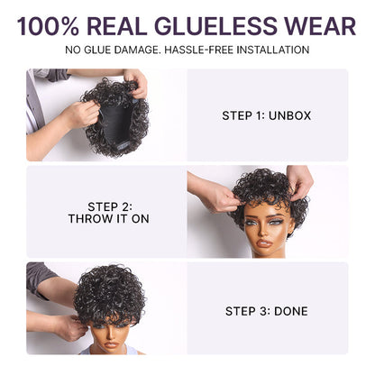 Throw On & Go Natural Black Big Curly Glueless Short Wig Ultra Comfort Cotton Cap Hair Loss Friendly Wig