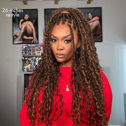 Readitress™ Mix Blonde / Natural Black Light Weight Flexi-Fit Invisi Drawstring Cap HD Full Lace Knotless Boho Curls Braided Long Wig Super Natural Scalp - US Only