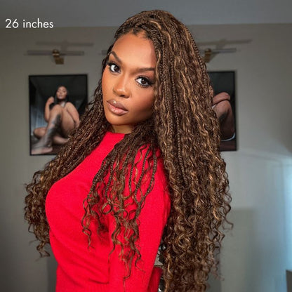 Readitress™ Mix Blonde / Natural Black Light Weight Flexi-Fit Invisi Drawstring Cap HD Full Lace Knotless Boho Curls Braided Long Wig Super Natural Scalp - US Only