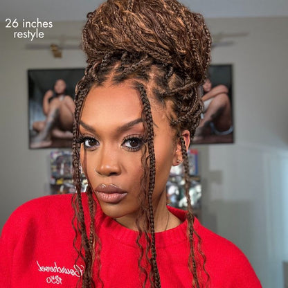 Readitress™ Mix Blonde / Natural Black Light Weight Flexi-Fit Invisi Drawstring Cap HD Full Lace Knotless Boho Curls Braided Long Wig Super Natural Scalp - US Only