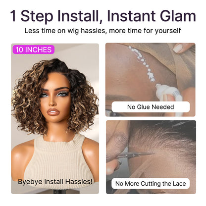 Ready to Go Blonde Highlight / Natural Black / Ombre Brown Water Wave Short Curly Bob Wig Glueless Minimalist HD Lace Wig Pre-Cut Lace