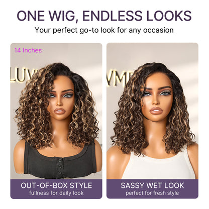 Ready to Go Blonde Highlight / Natural Black / Ombre Brown Water Wave Short Curly Bob Wig Glueless Minimalist HD Lace Wig Pre-Cut Lace