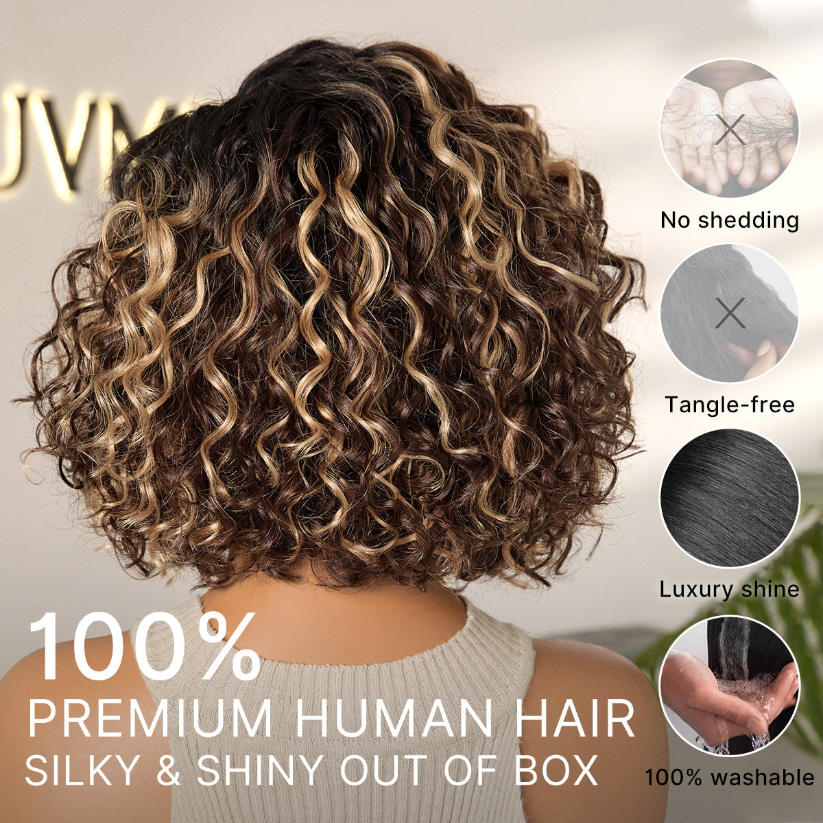 Ready to Go Blonde Highlight / Natural Black / Ombre Brown Water Wave Short Curly Bob Wig Glueless Minimalist HD Lace Wig Pre-Cut Lace